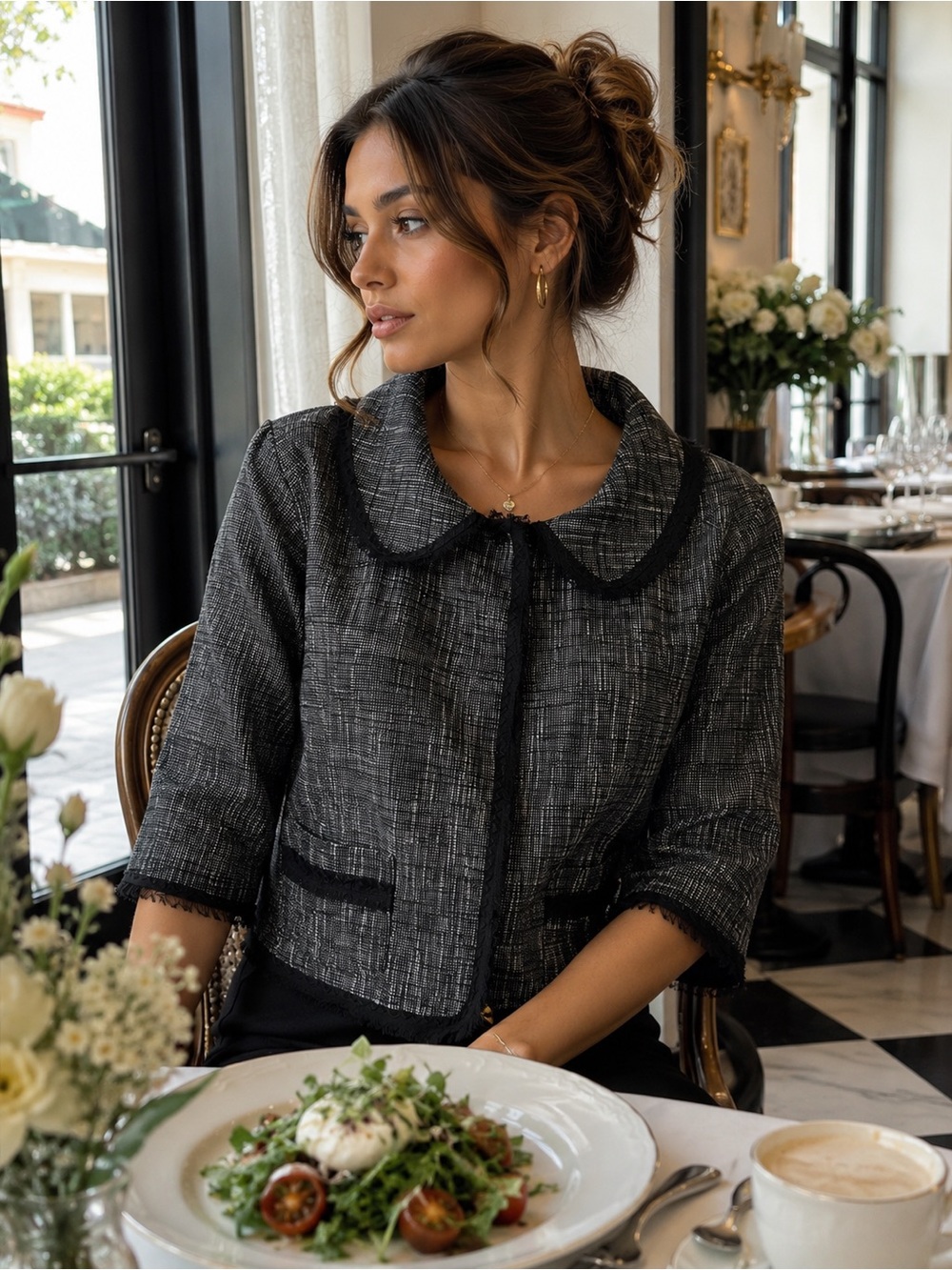 Nina Ricci Black Tweed Cropped Blazer with Peter Pan Collar